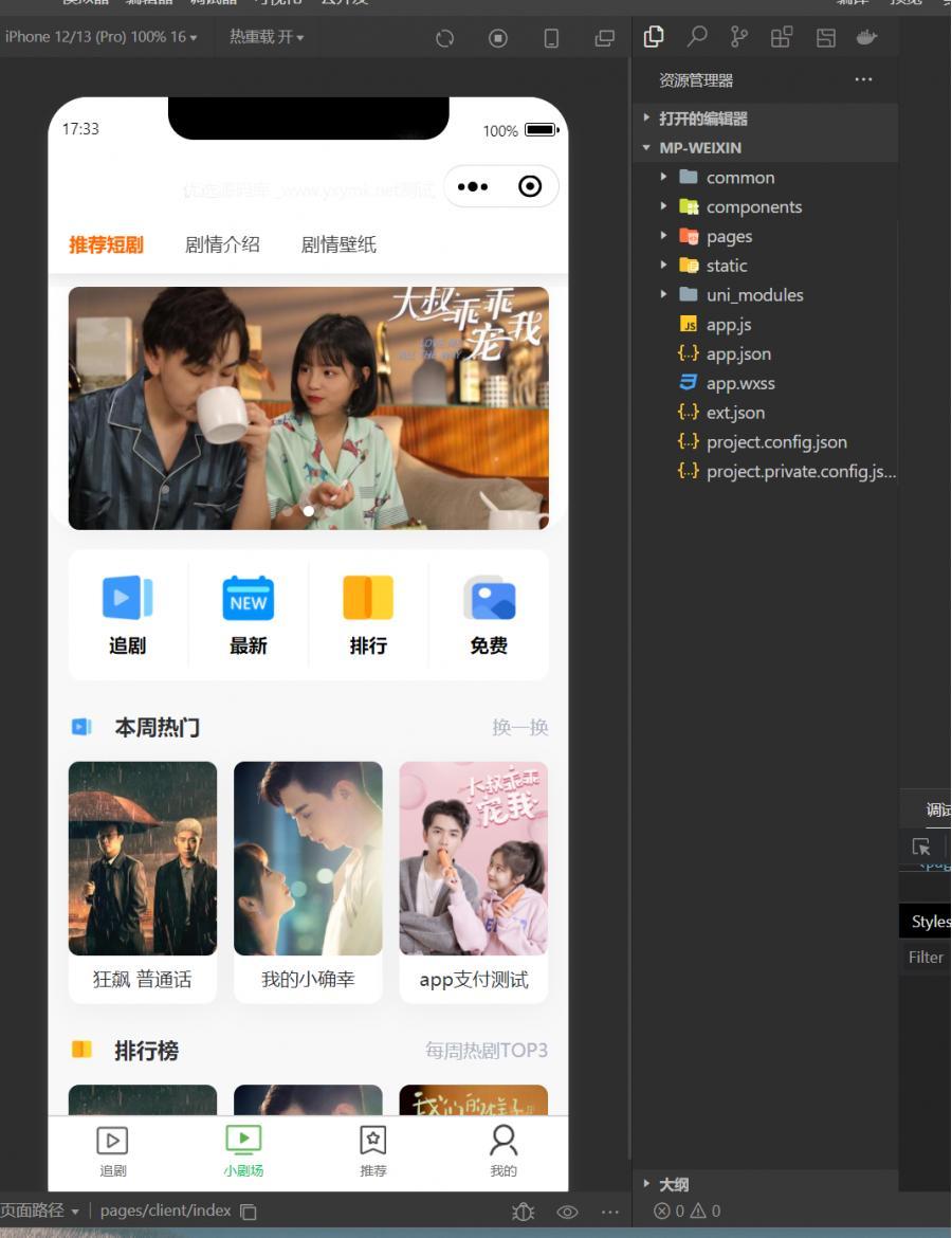 仿抖音滑动小短剧影视带支付收益等模式的微信小程序源码